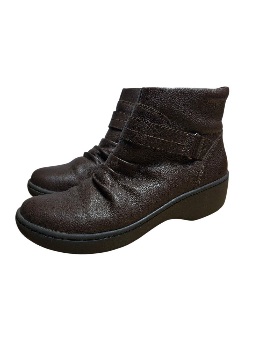 Clarks Ankle Boots Women’s 8M Brown Leather Delana Fairlee Wedge Zipper Ruched